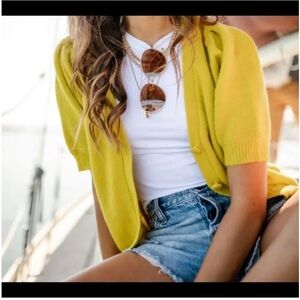 Bohme Coletta Bright Yellow Short Sleeve Button Up Cardigan Sweater Size S